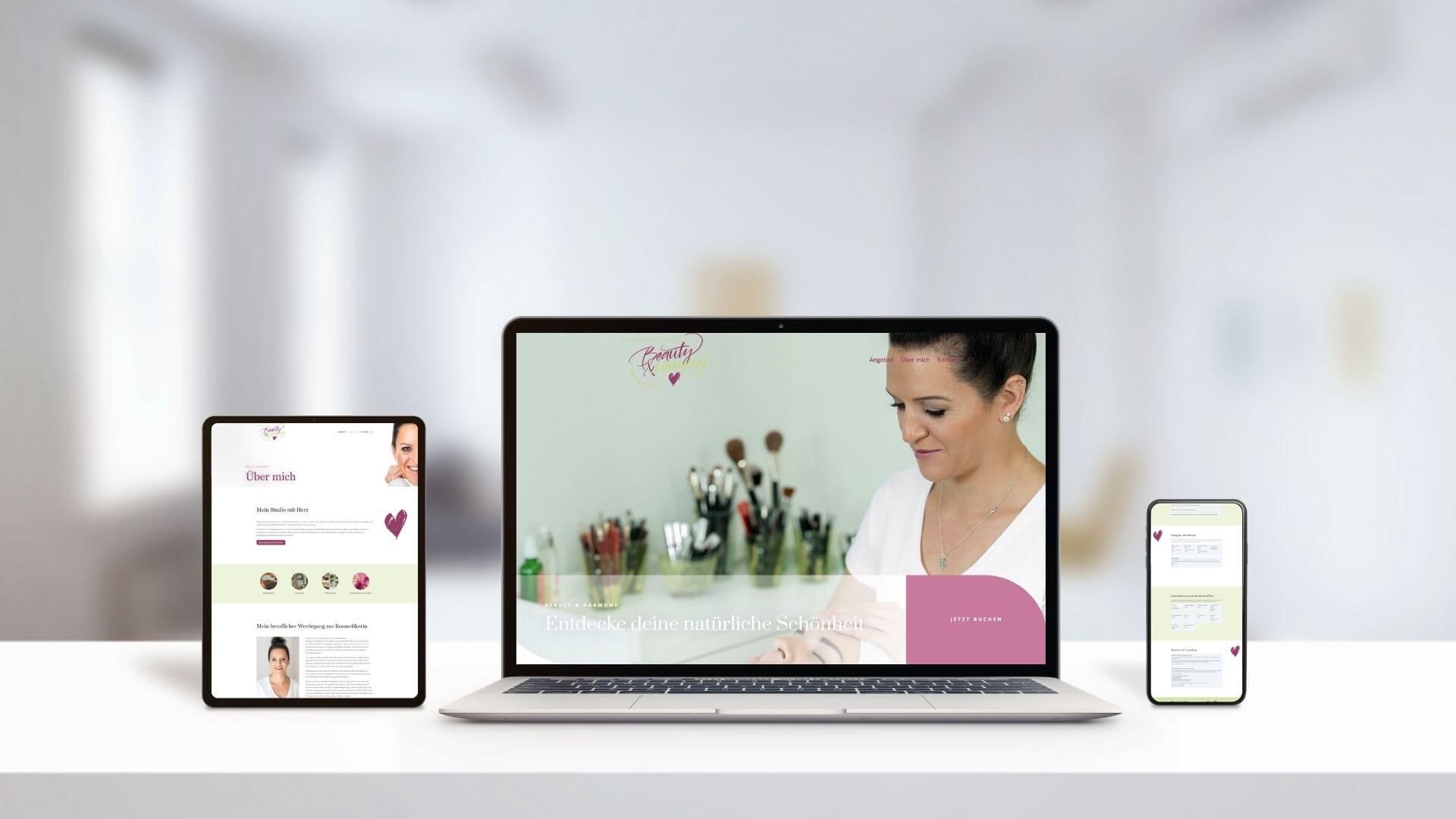 Webdesign Mockup von einem Kosmetikstudio Beauty & Harmony in Hellikon AG. Ursula Stocker präsentiert ihre neue Website.