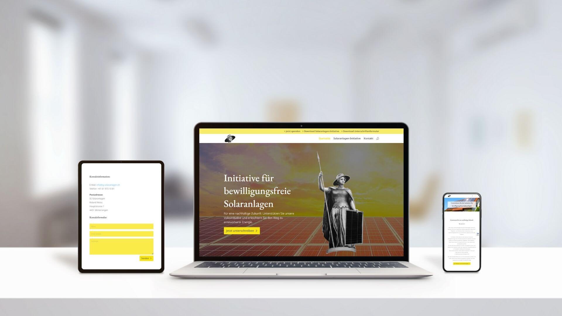 Webdesign Mockup einer Website für die Solaranlageninitiative in der Schweiz.