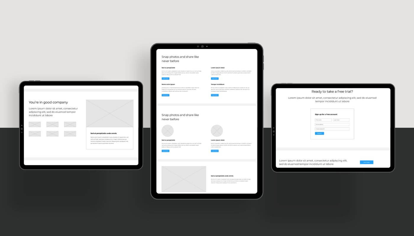 Verkaufsstarker Website Aufbau aus Rheinfelden in der Schweiz dargestellt als Wireframe auf 3 Tablets