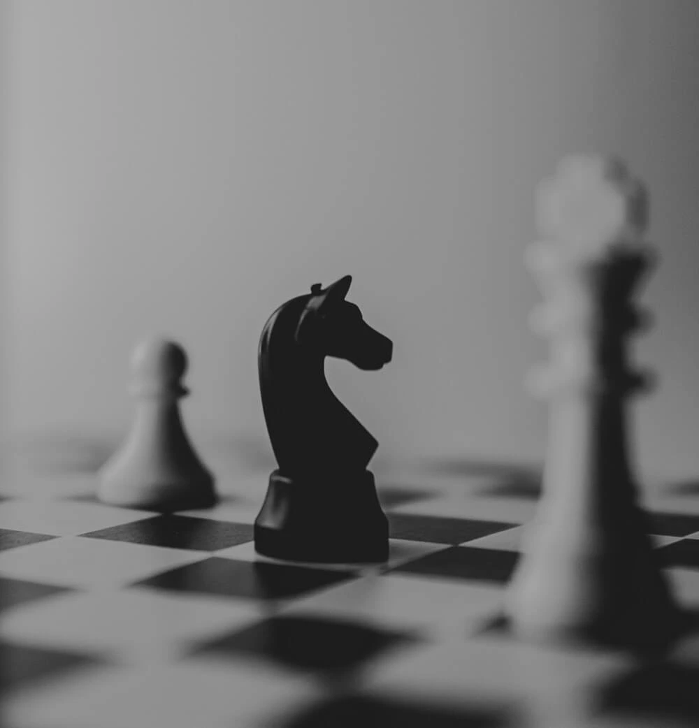 Schwarz-weiss Foto einer Schachfigur – Symbol für Planung und Strategie im Webdesign.