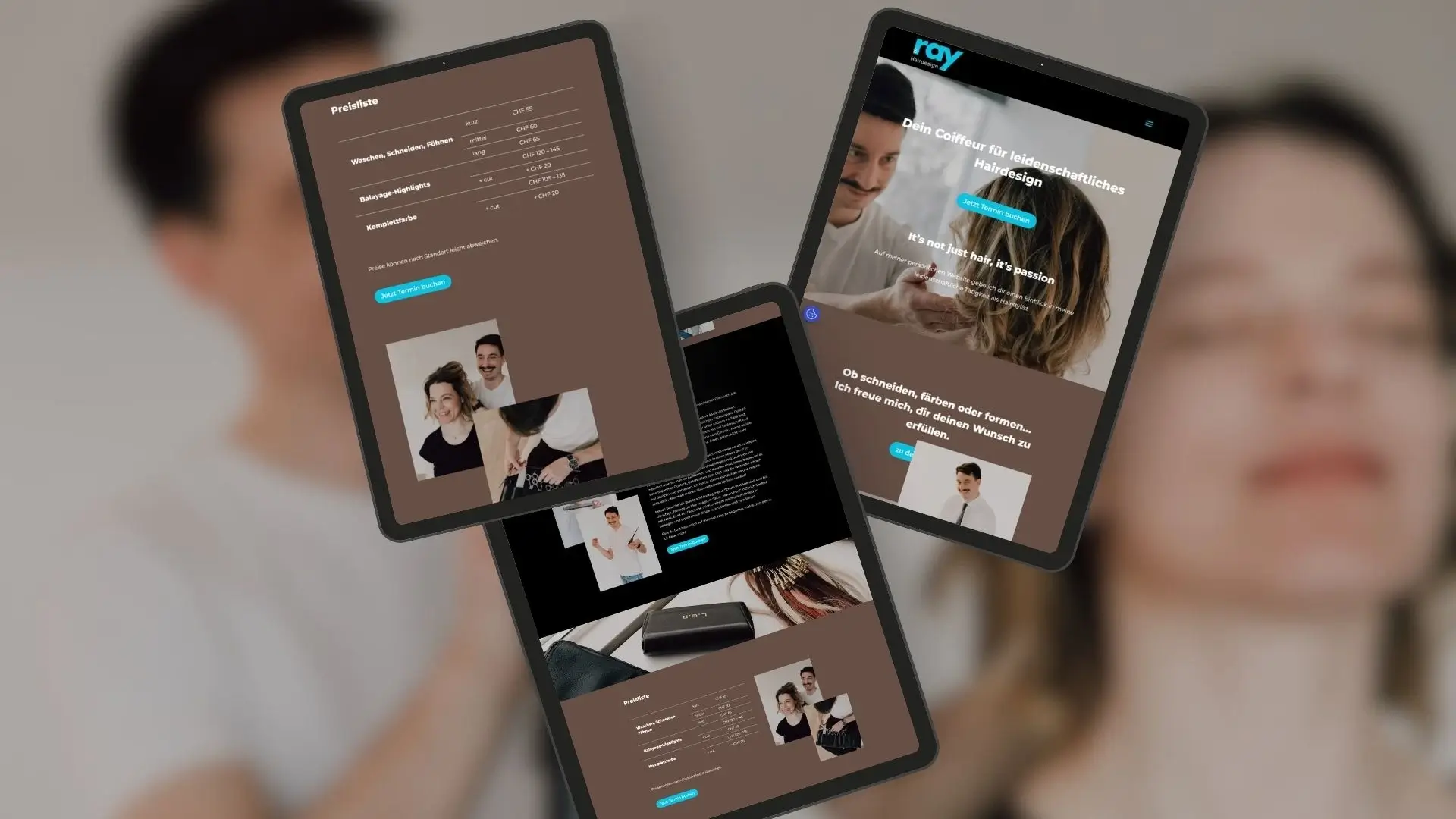 Website Projekt für einen Onepager für einen Friseur aus Zürich wird in 3 verschiedenen Tablet-Versionen präsentiert.