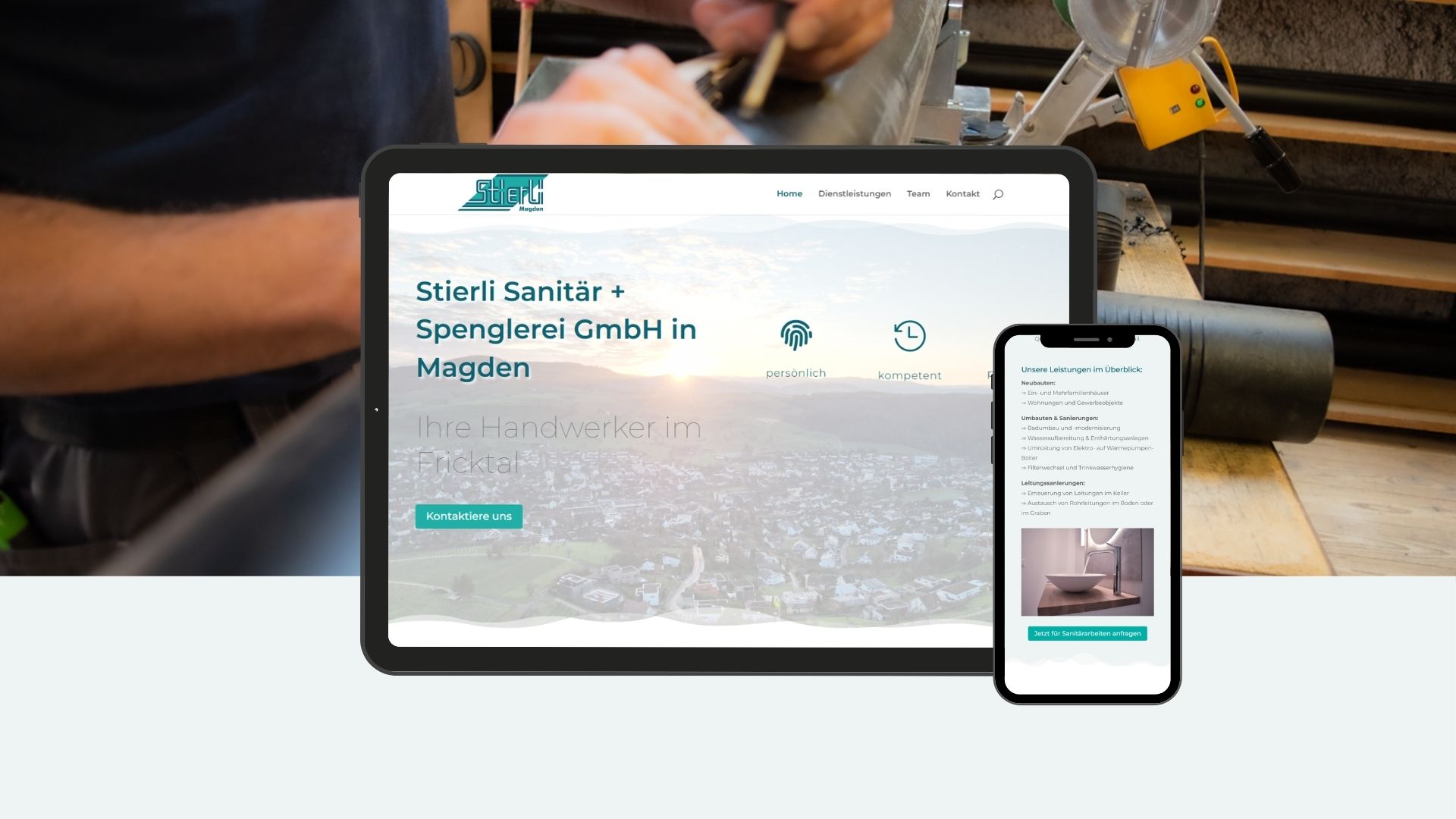 Webdesign Portfolio zeigt die neue Website von einem Handwerkbetrieb aus Magden im Tablet und Mobiloptimierung.