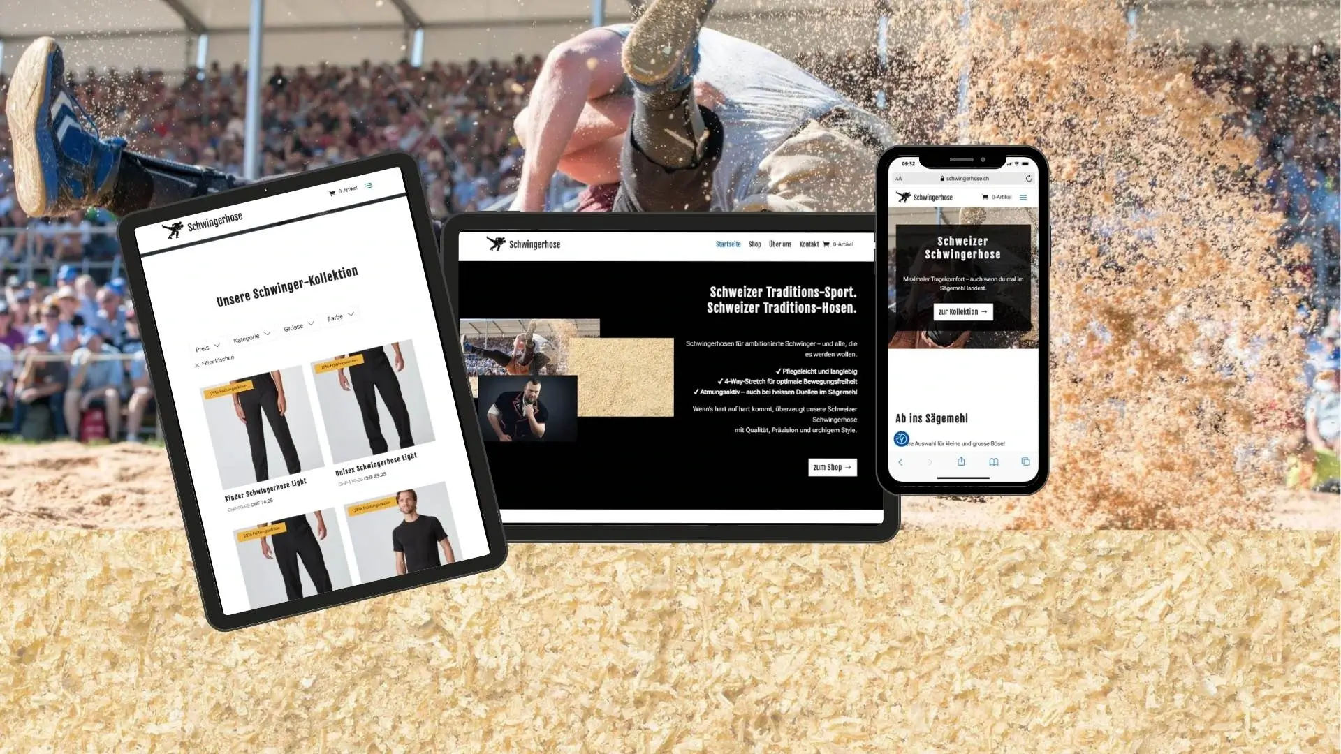Projekt Webshop programmieren von Schwingerhose von einem KMU Sportgeschäft in Möhlin. Ausschnitte aus dem aktuellen Webdesign zeigt den Onlineshop.